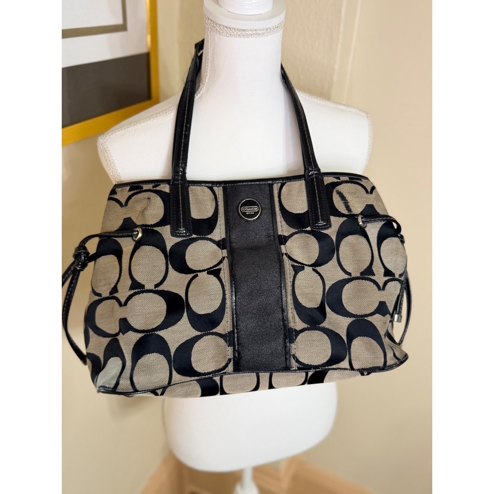Coach Signature Taylor Tote Bag Black Gray Jacquard Patent Leather F21949